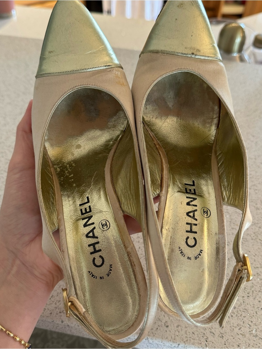 VINTAGE Chanel Champagne Satin and Gold Leather Slingback Pumps - Picture 7 of 8